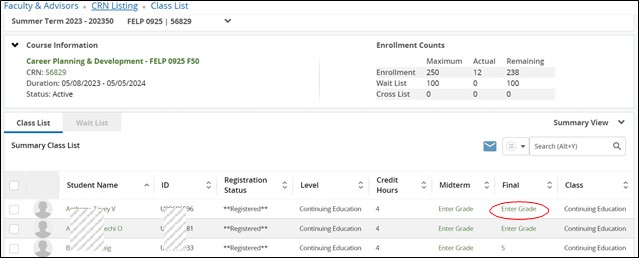 Enter Grade option next to each student