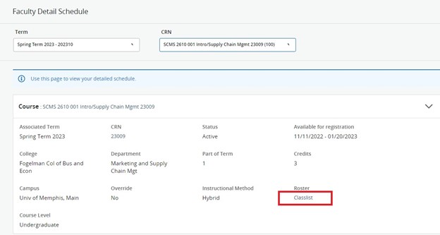 Classlist link is located under Roster heading