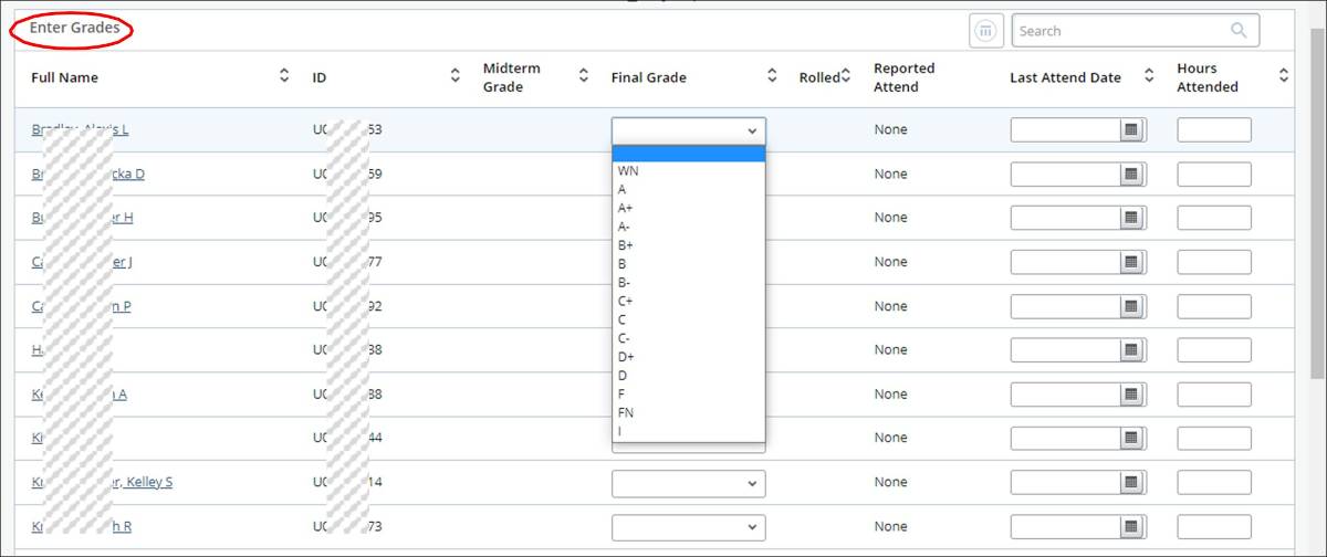 Enter Grades screen. Grading roster shown with Final Grade drowdown displaying grade options.
