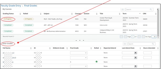 Enter Grades section displays beneath Grading Status section