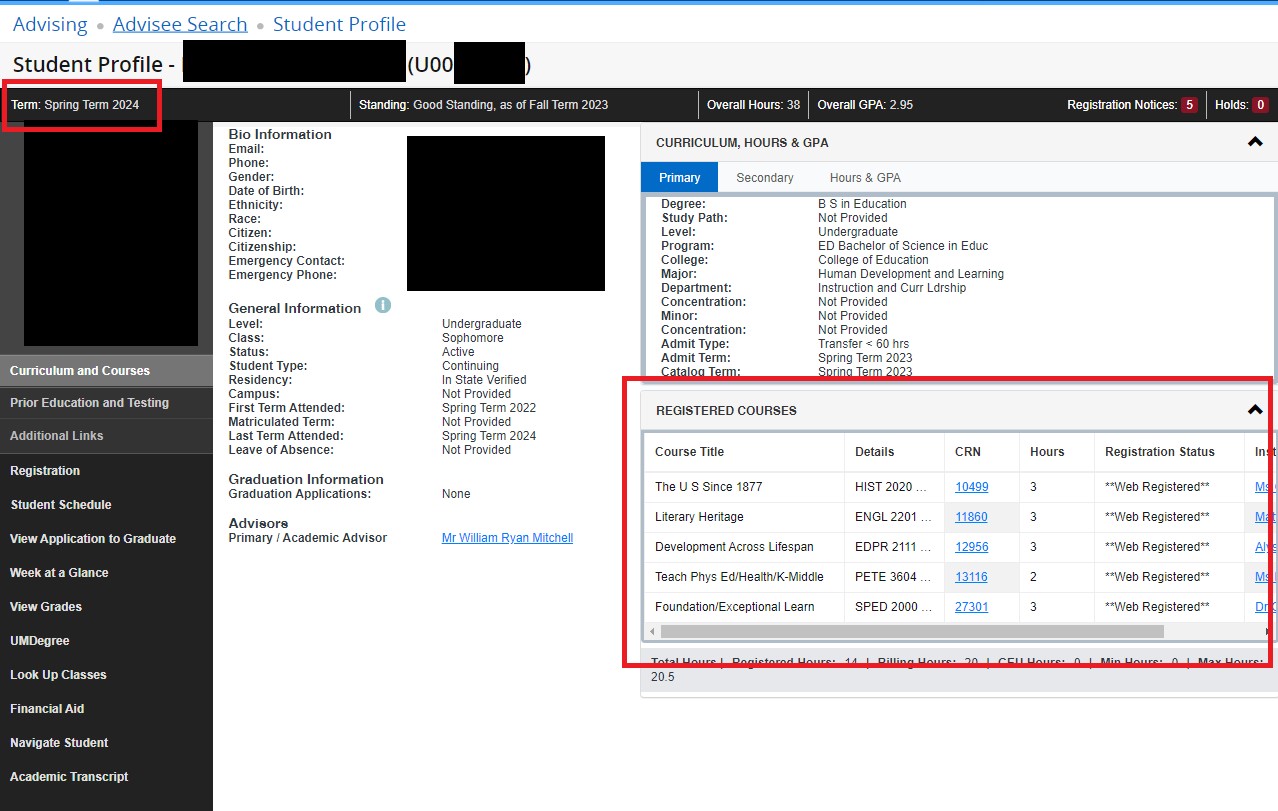 student's registered courses appear in a block on the bottom right of the screen