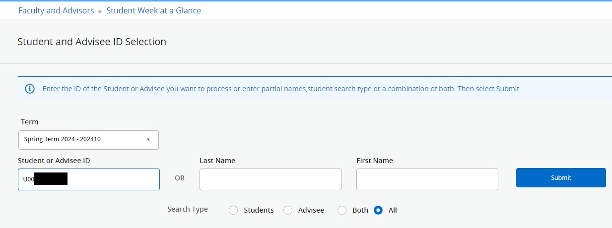 Student and Advisee ID selection