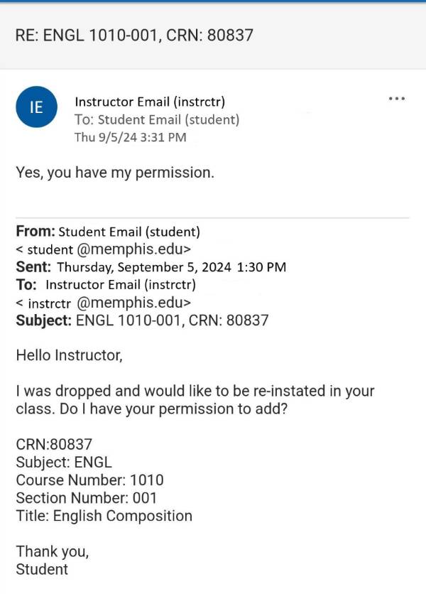 student has included the following information: CRN, subject, course, section, and title