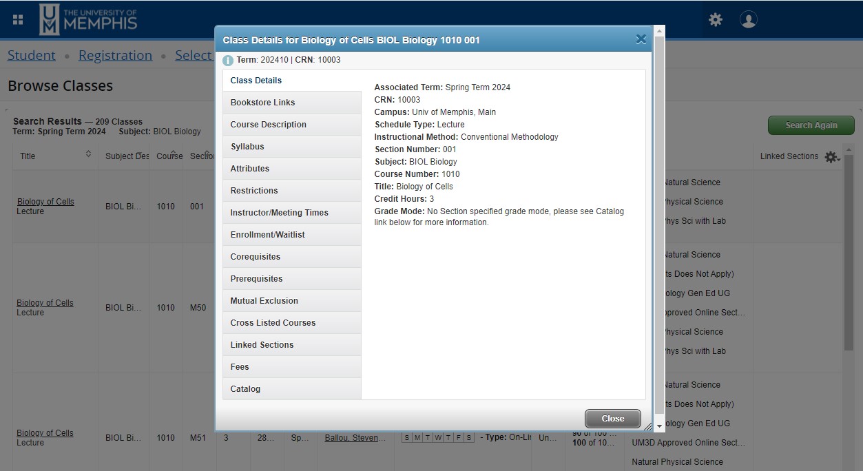 Class Details screen for particular section