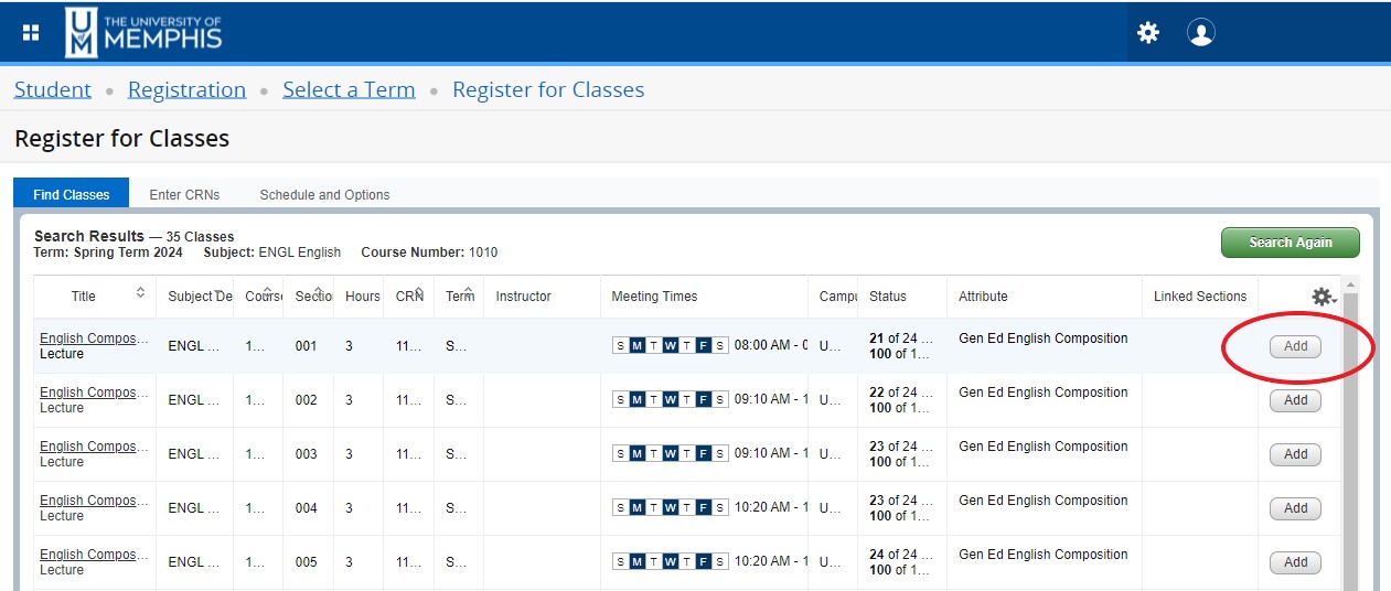 course sections listed with add button circled