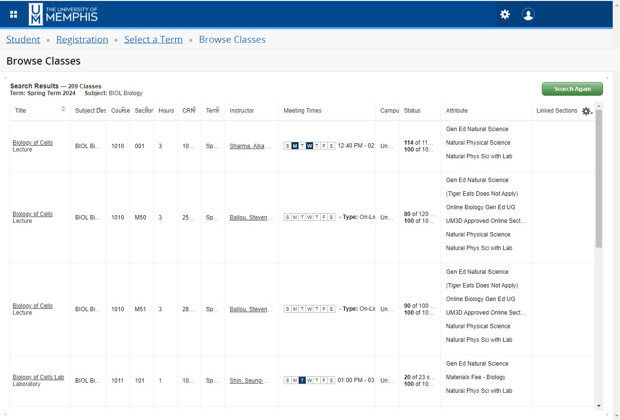 Each section of a course is shown.