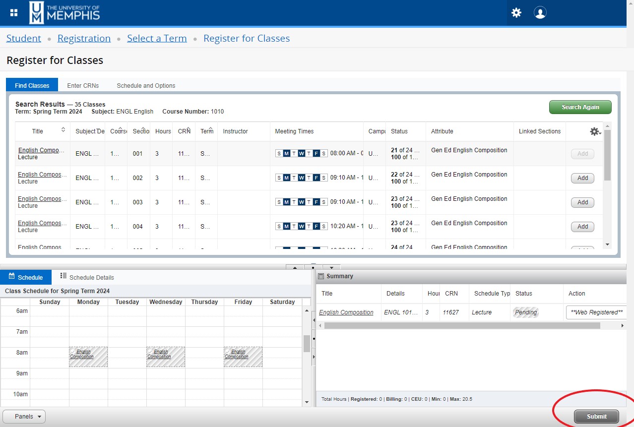 course in pending status in Summary panel with Submit button circled