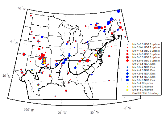 Location and size of earthquake events considered.