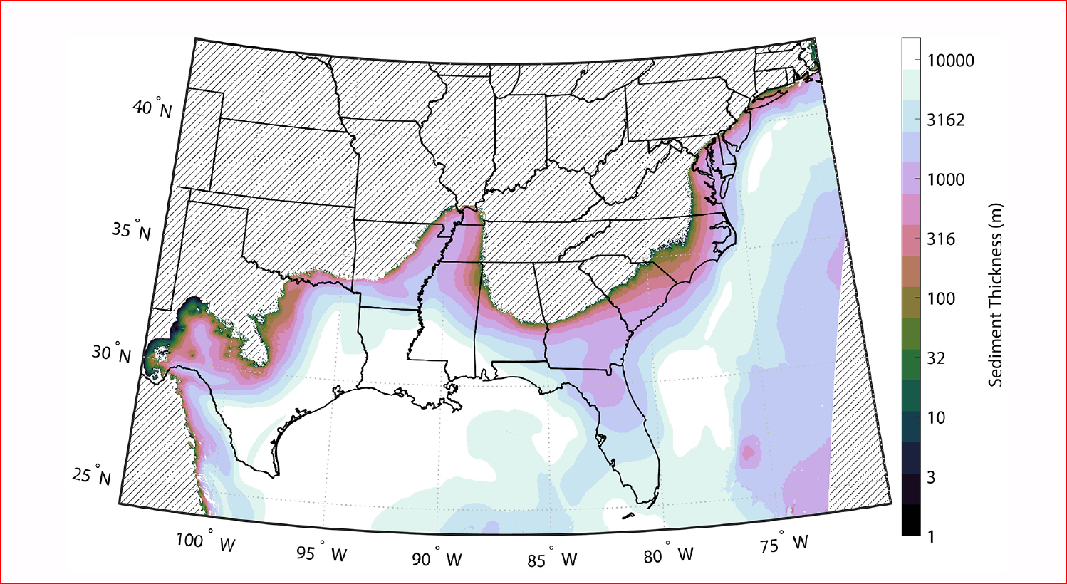 Composite sediment thickness map in meters across the Atlantic and Gulf Coastal Plains. The hatched area is outside of the Coastal Plains or undefined (Boyd et al, 2023).