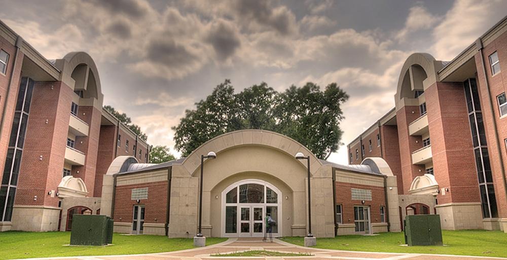 Front entrance overall panoramic view of Living Learning Complex (LLC). 