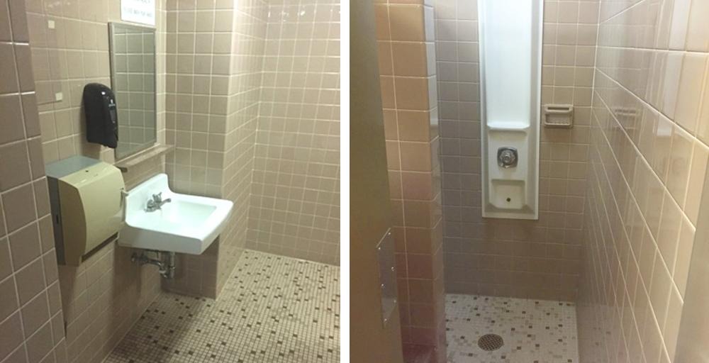 Rawls Hall room view of bathroom sink and showering facilities 