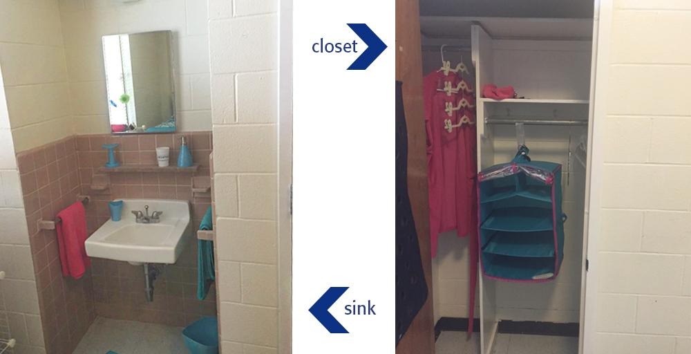 Rawls Hall sink and mirror area, and separate closet space 