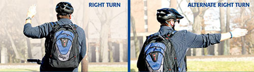 Cyclist making "right turn" and "alternate right turn" signals Cyclist making "right turn" and "alternate right turn" signals