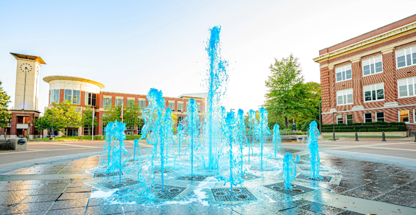 exterior of the UC student plaza with the blue water fountain