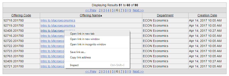course offerings display