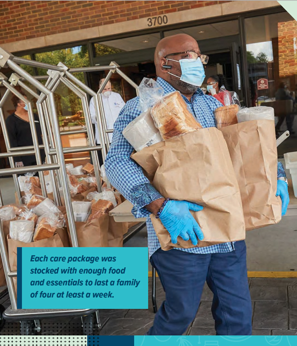 Each care package was stocked with enough food and essentials to last a family of four at least a week.