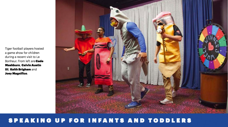 Speaking Up for Infants and Toddlers { Tiger football players hosted a game show for children during a recent visit to Le Bonheur. From left are Cade Mashburn, Calvin Austin III, Keith Brigham and Joey Magnifico