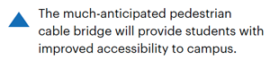The much-anticipated pedestrian cable bridge will provide students with improved accessibility to campus.