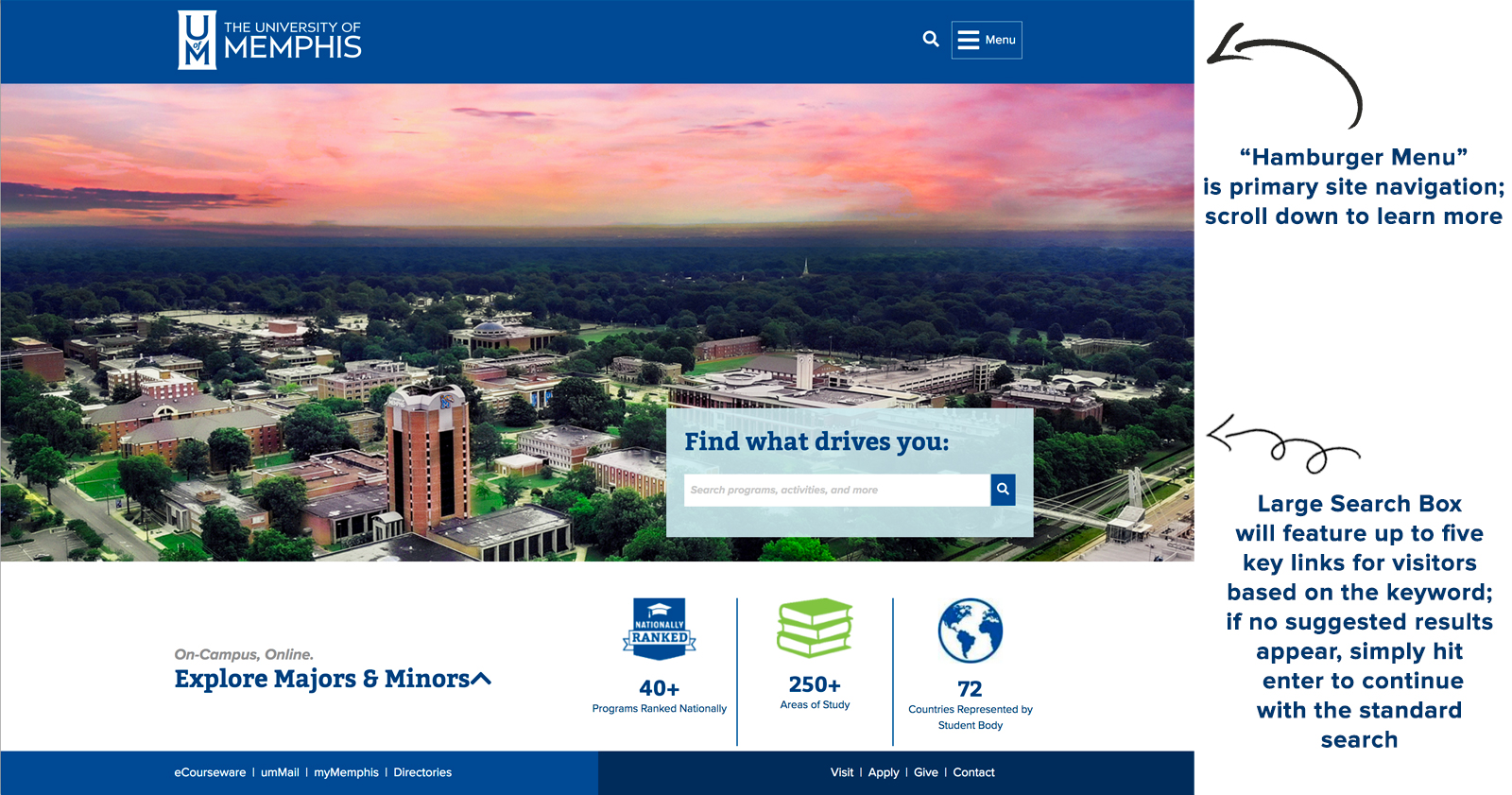 Select the "hamburger menu" to expand the primary site navigation (scroll down to learn more). The large search box will feature up to five key links for visitors based on the keyword; if no suggested results appear, simply hit enter to continue with the standard search