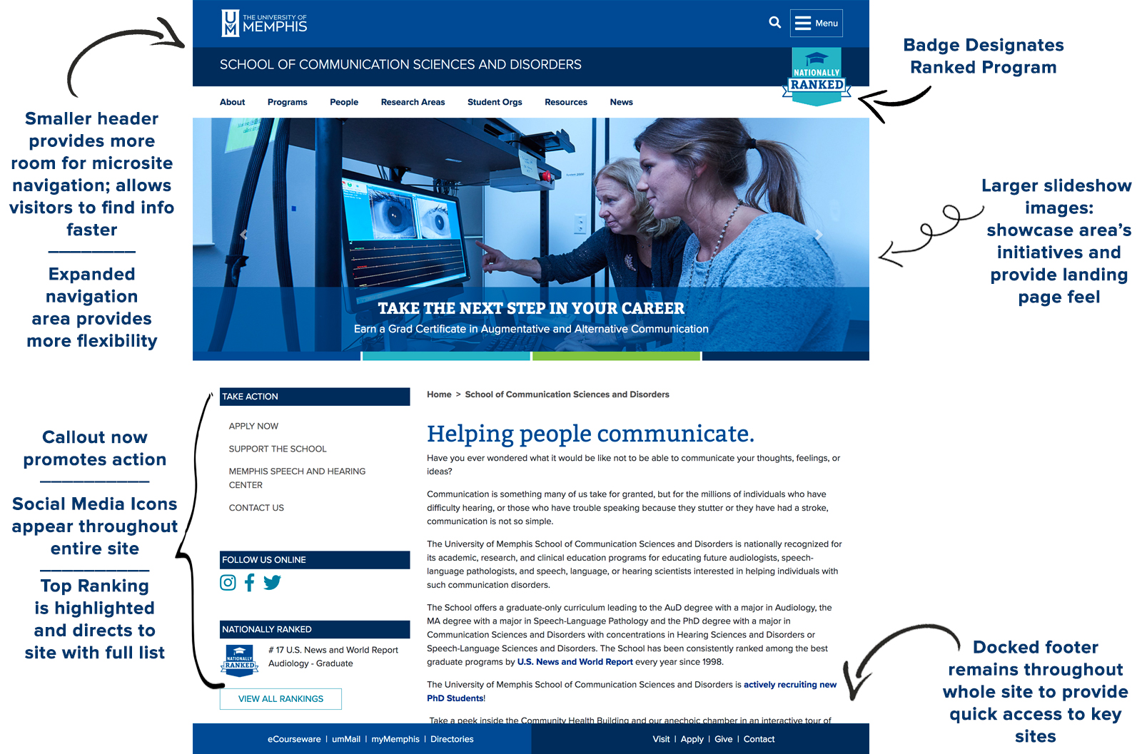 Highlights of new microsite include: smaller header that provides more room for microsite navigation and allows visitors to find info faster; expanded navigation area provies more flexibility; callout promotes action; social media icons appear throughout entire site; top ranking is highlighted and directs to site with full list; badge designates ranked program; larger slideshow images showcase area initiatives and provide landing page feel; docked footer remains throughout whole site to provide quick access to key sites